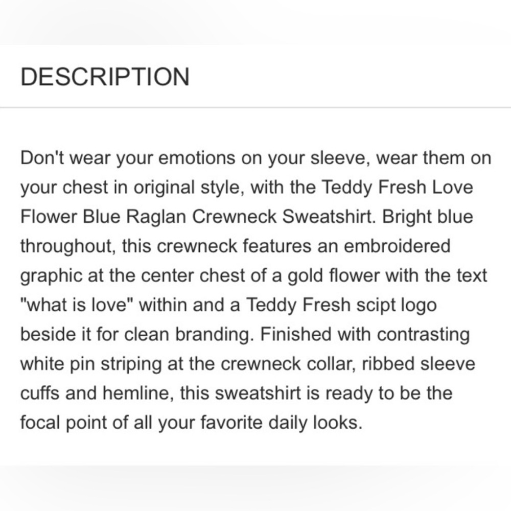 Teddy Fresh | men’s medium Love Flower Blue Raglan Crewneck Sweatshirt - Picture 3 of 7